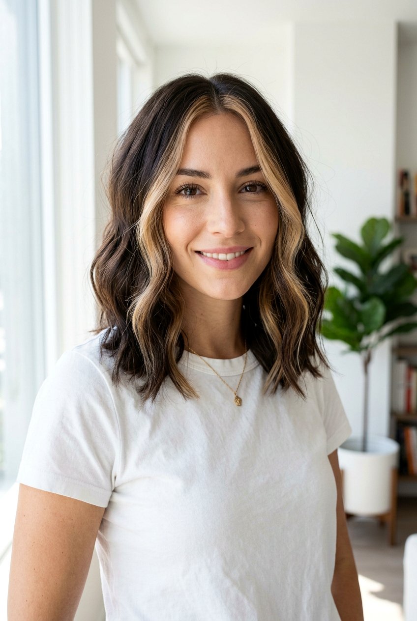 Subtle Blonde Money Piece On Brunette Lob - 20 subtle blonde money piece on brunette - 20 subtle blonde money piece on brunette