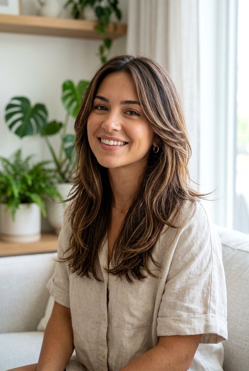 Subtle Brunette Ribbon Highlights With Feathered Layers - 20 brunette ribbons for long layered hair - 20 brunette ribbons for long layered hair