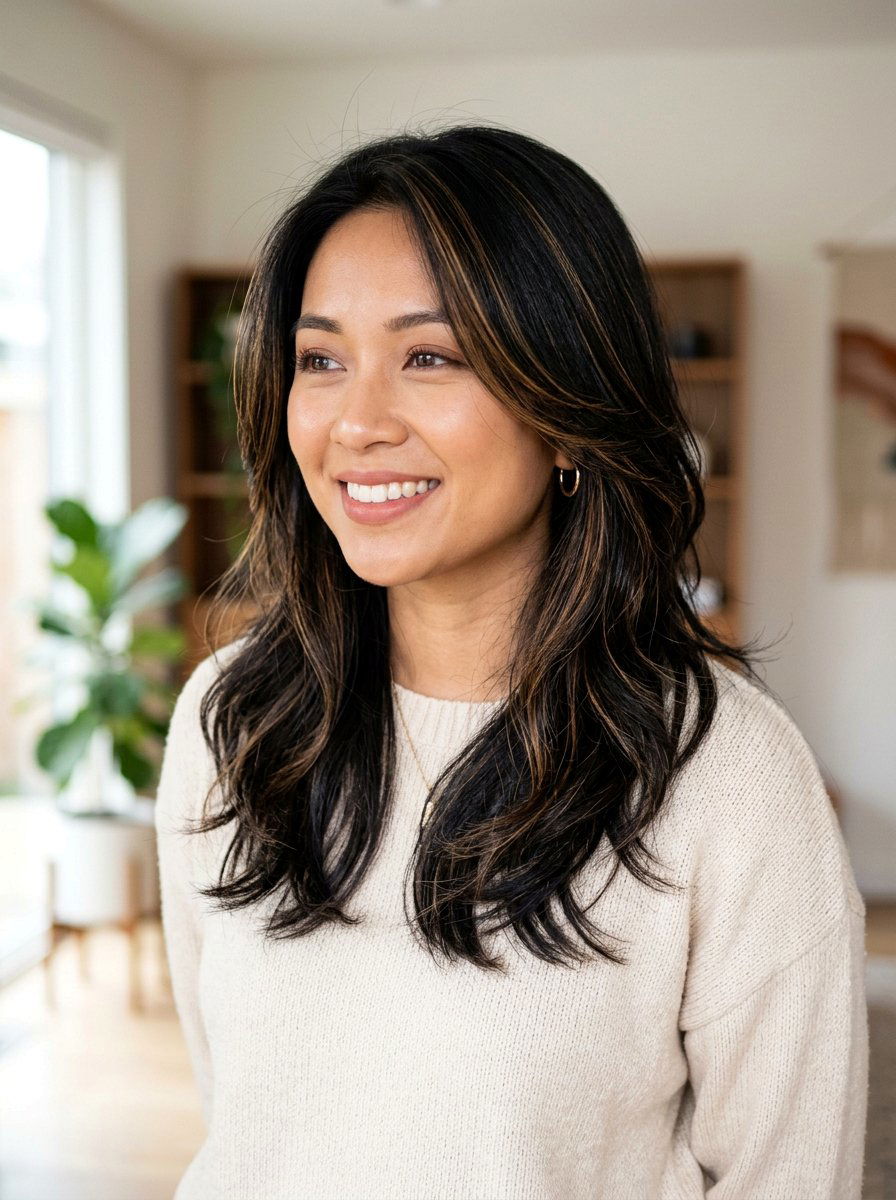 Subtle Caramel Highlights On Black Layered Hair - 20 subtle highlights for dark black hair - 20 subtle highlights for dark black hair