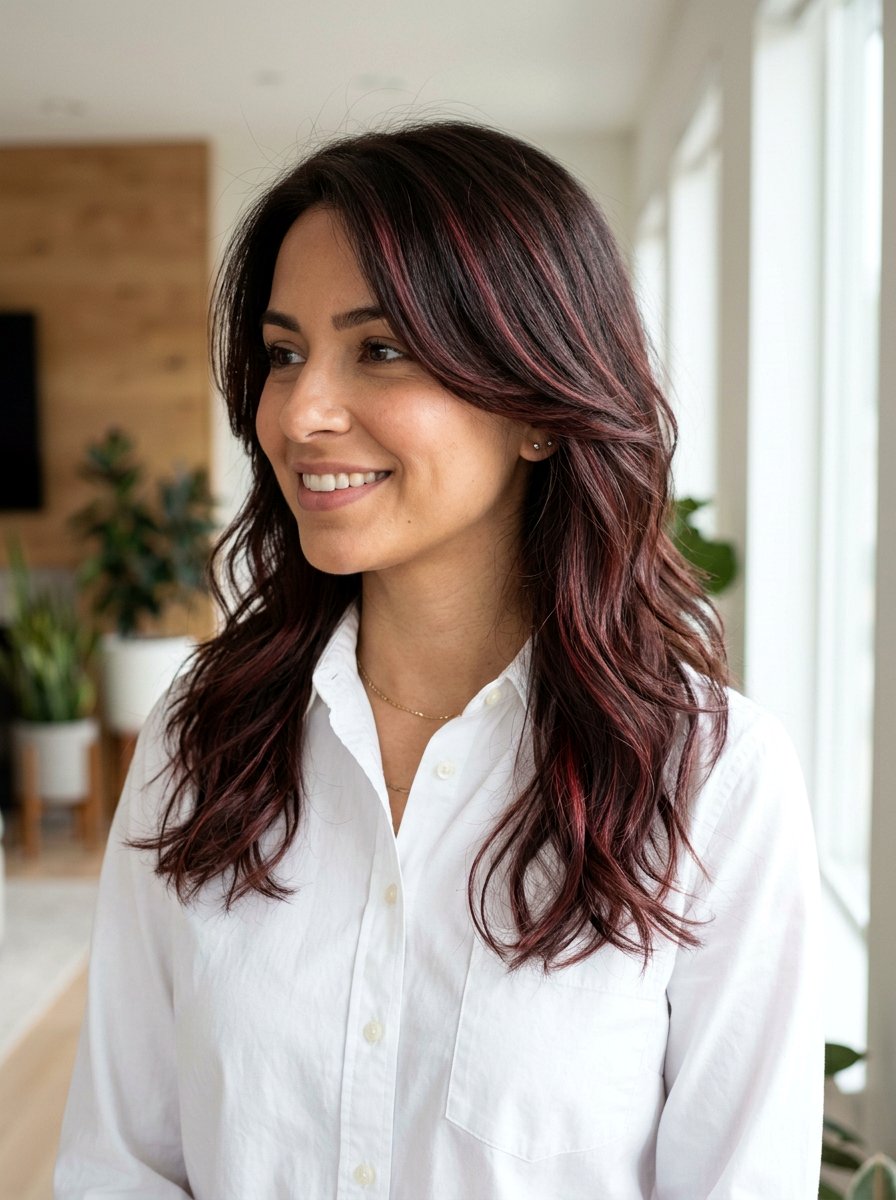 Subtle Cherry Red Balayage On Layered Hair - 20 cherry red balayage for summer - 20 cherry red balayage for summer