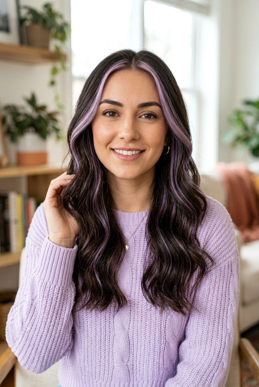 Subtle Lilac Money Piece For Dark Brown Hair - 20 lilac money piece on dark hair - 20 lilac money piece on dark hair