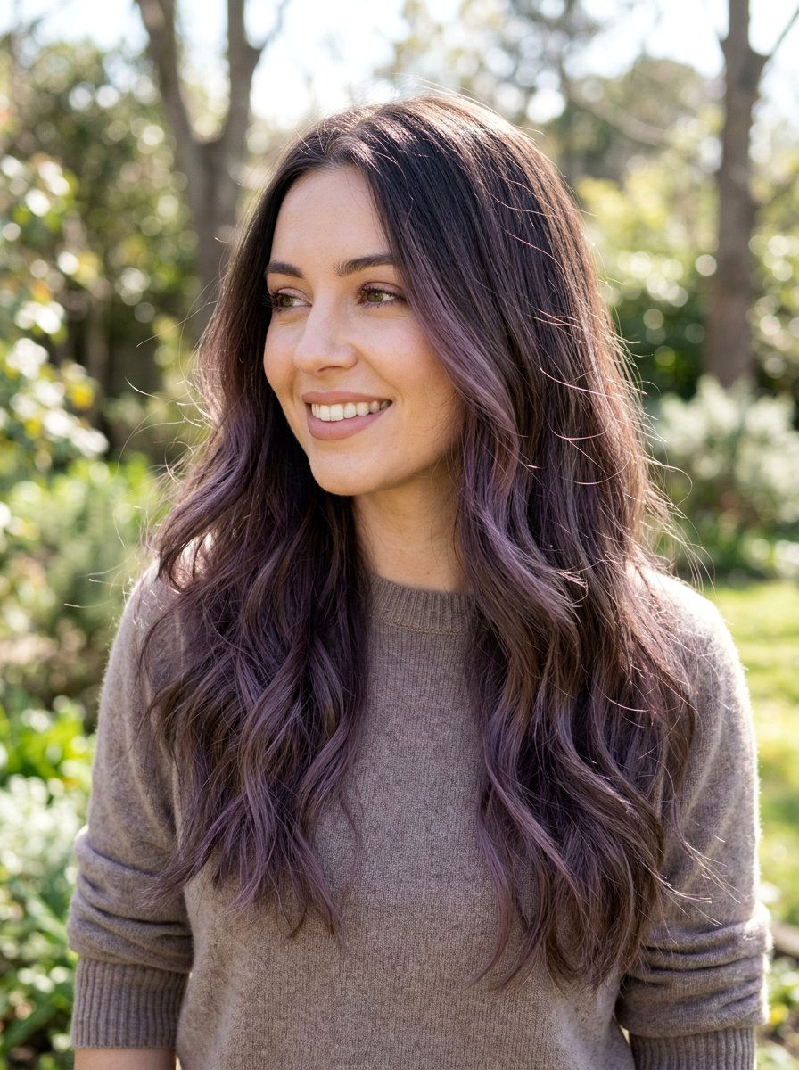 Subtle Purple Balayage on Dark Hair - 20 purple balayage with black roots - 20 purple balayage with black roots