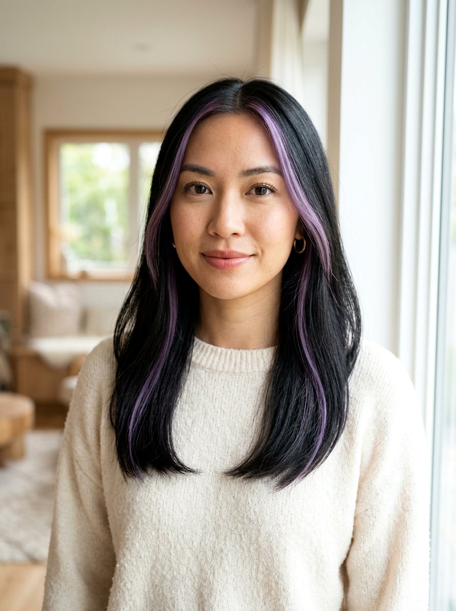 Subtle Purple Money Piece On Black Hair - 20 purple money piece on dark hair - 20 purple money piece on dark hair