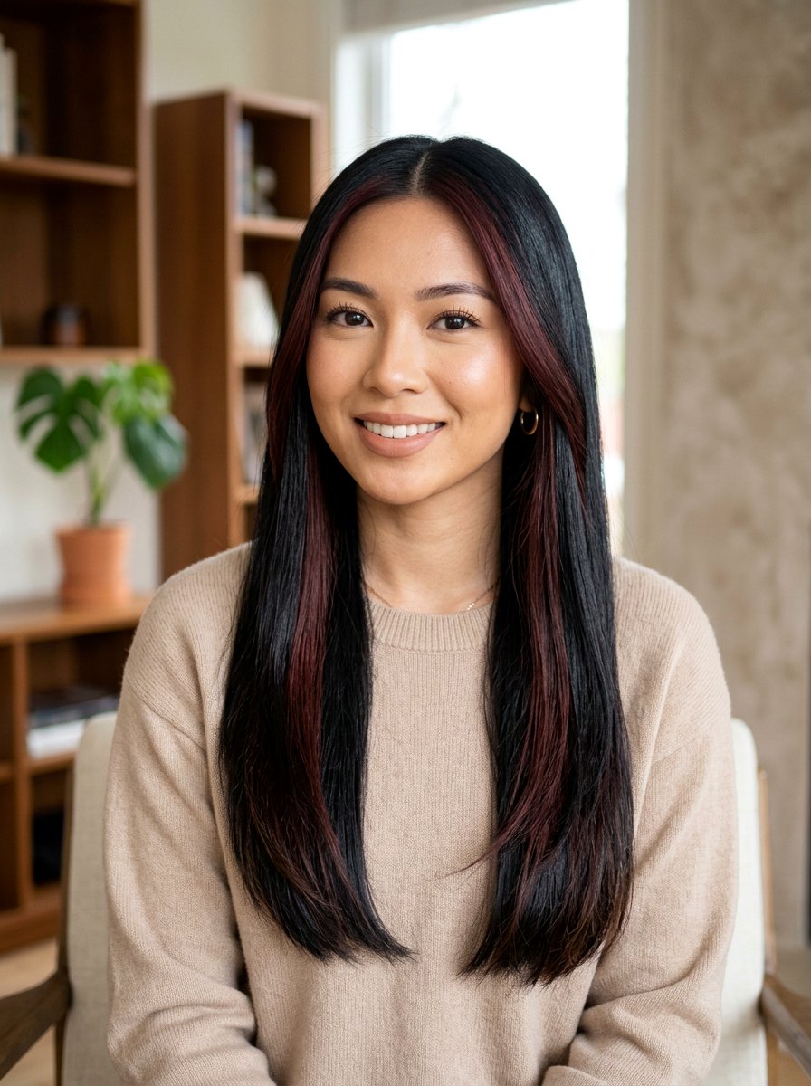 Subtle Warm Burgundy Money Piece Balayage On Black Hair - 20 warm burgundy balayage on black hair - 20 warm burgundy balayage on black hair