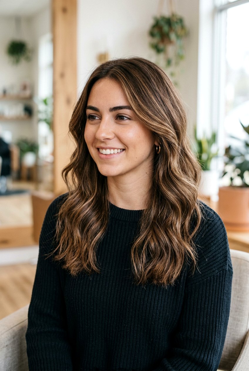 Subtle caramel babylights for brunettes - 20 caramel highlights on dark hair - 20 caramel highlights on dark hair