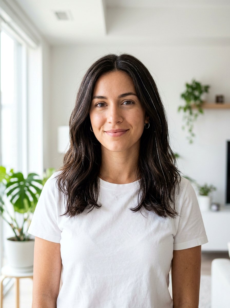Subtle silver ribbons brunette hair - 20 silver streaks on brunette hair - 20 silver streaks on brunette hair
