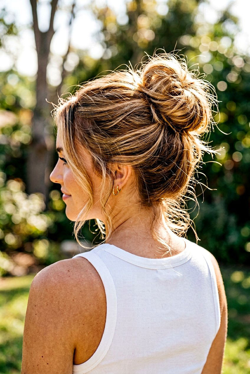 Sun Kissed Blonde Gloss On Dry Highlighted Messy Bun - 20 blonde gloss for dry highlighted hair - 20 blonde gloss for dry highlighted hair