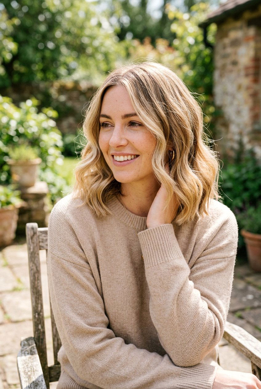 Sunlit Blonde Balayage On Wavy Lob - 20 sunlit blonde balayage - 20 sunlit blonde balayage