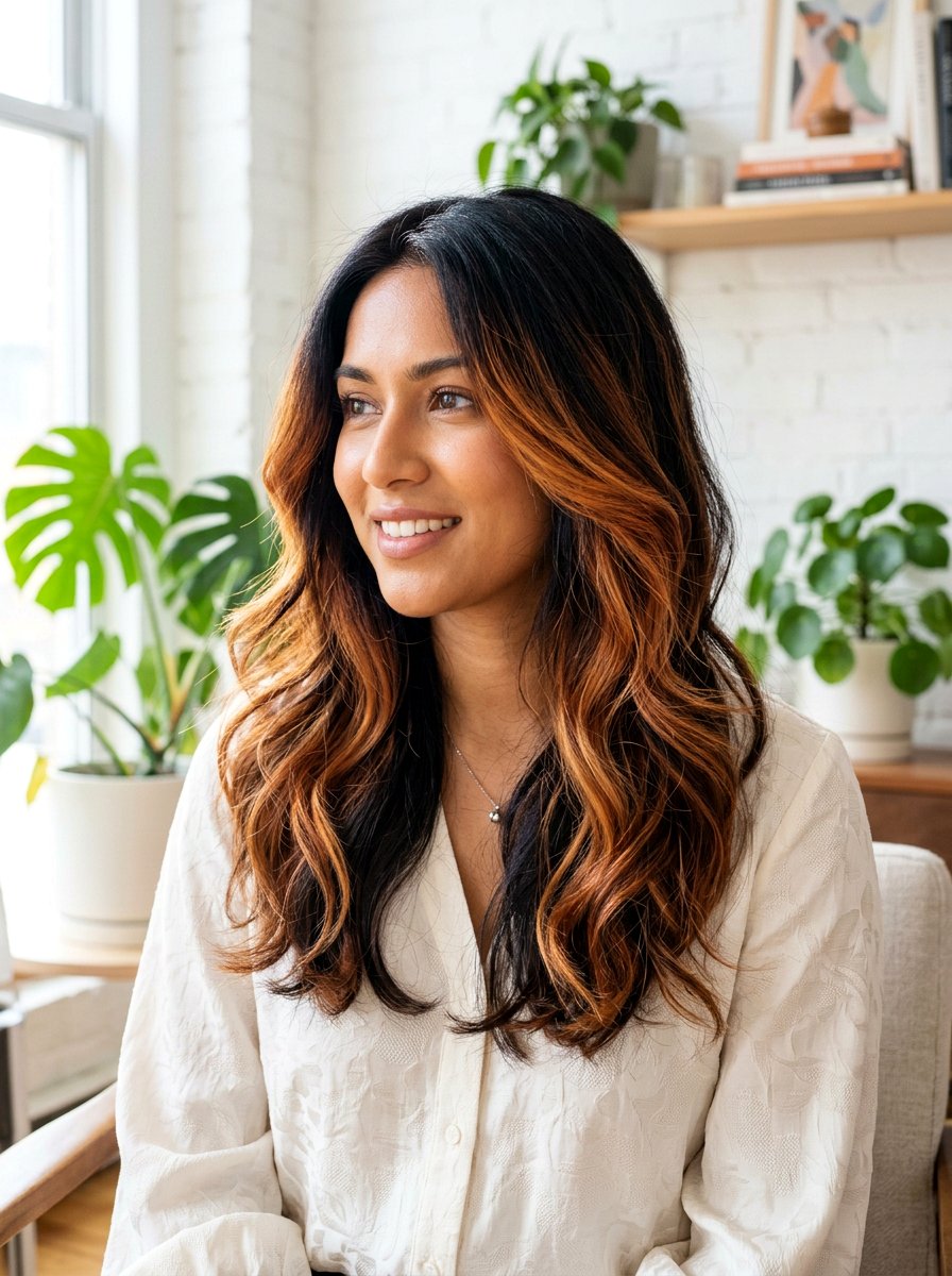 Sunrise Copper Balayage On Dark Hair - 20 sunrise hair color ideas - 20 sunrise hair color ideas