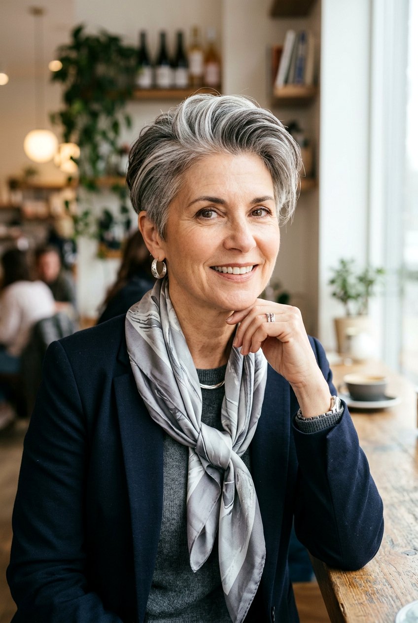 Swept Back Salt and Pepper Pixie - 20 classic pixie for mature women - 20 classic pixie for mature women