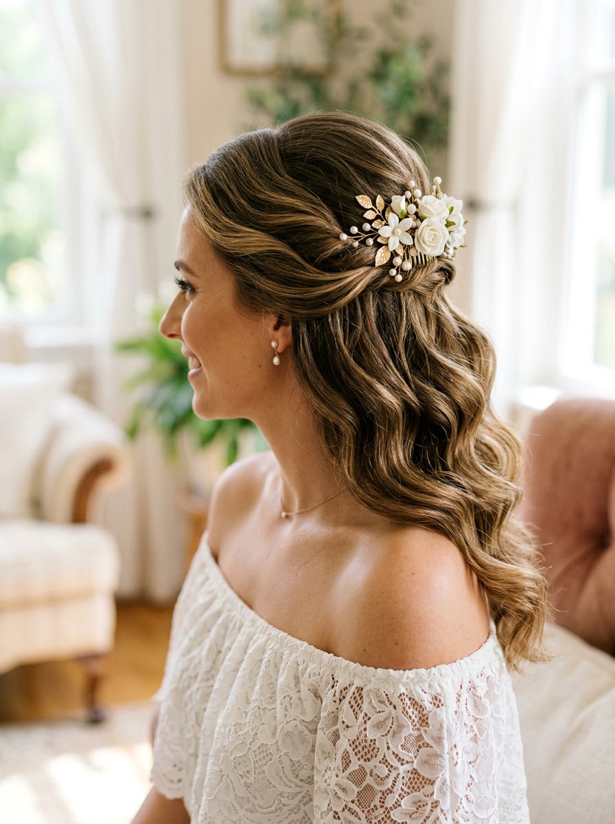 Swept Back Waves With Floral Comb - 20 soft waves with flower clips - 20 soft waves with flower clips