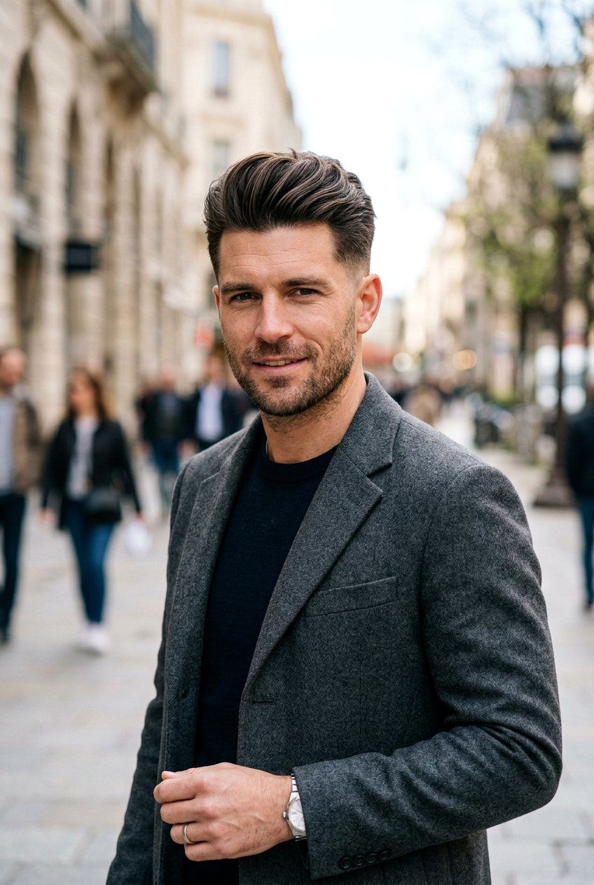 Tapered Brush Back - 20 mens haircut for longer face shape - 20 men’s haircut for longer face shape