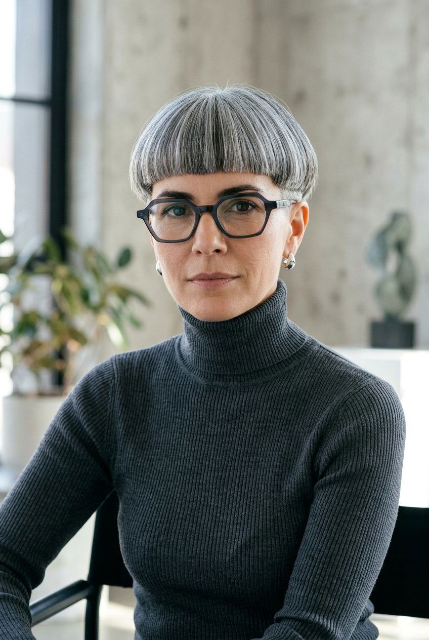 Tapered Gray Bowl Cut - 20 gray hairstyles for women with glasses - 20 gray hairstyles for women with glasses