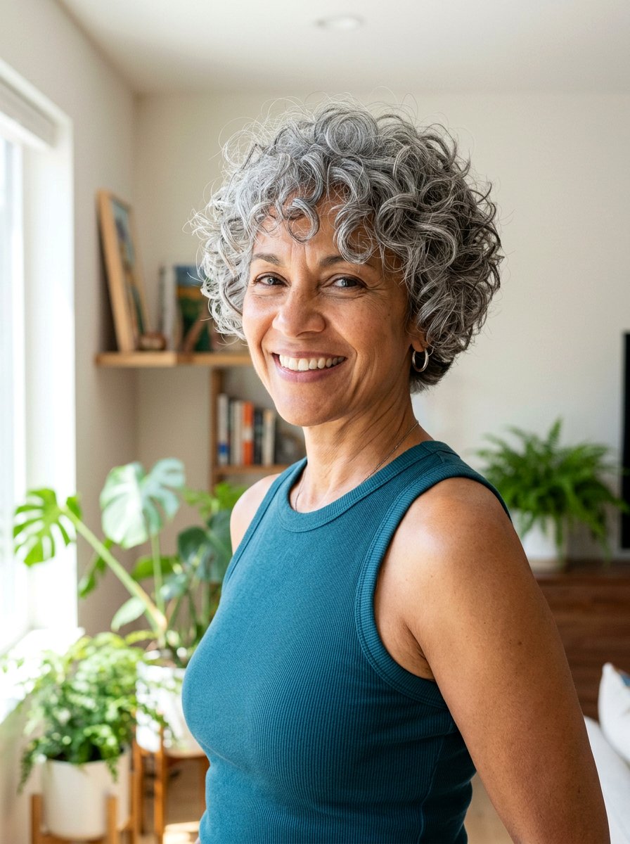 Tapered Gray Curly Shag - 20 shoulder length gray curls for older women - 20 shoulder length gray curls for older women