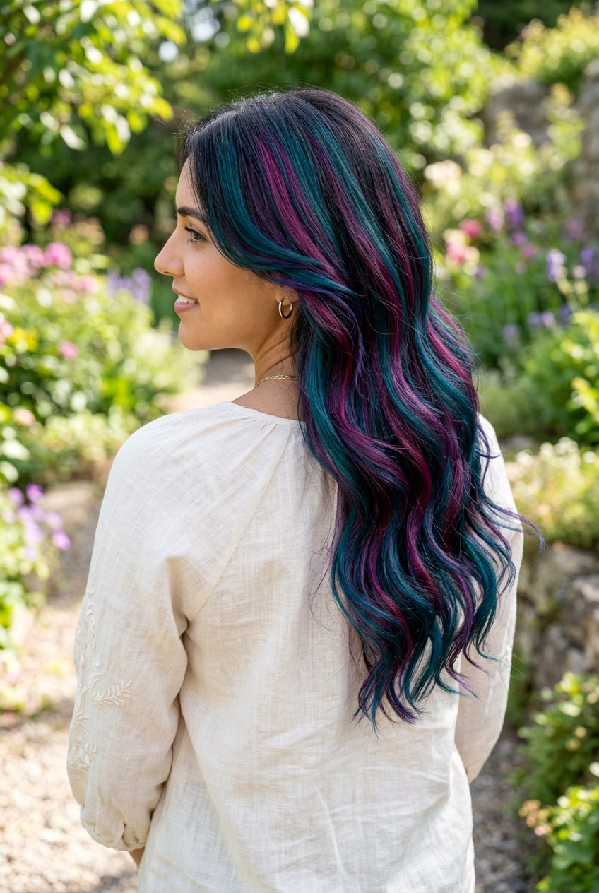 Teal And Magenta Galaxy Balayage On Dark Hair - 20 galaxy balayage on dark hair - 20 galaxy balayage on dark hair