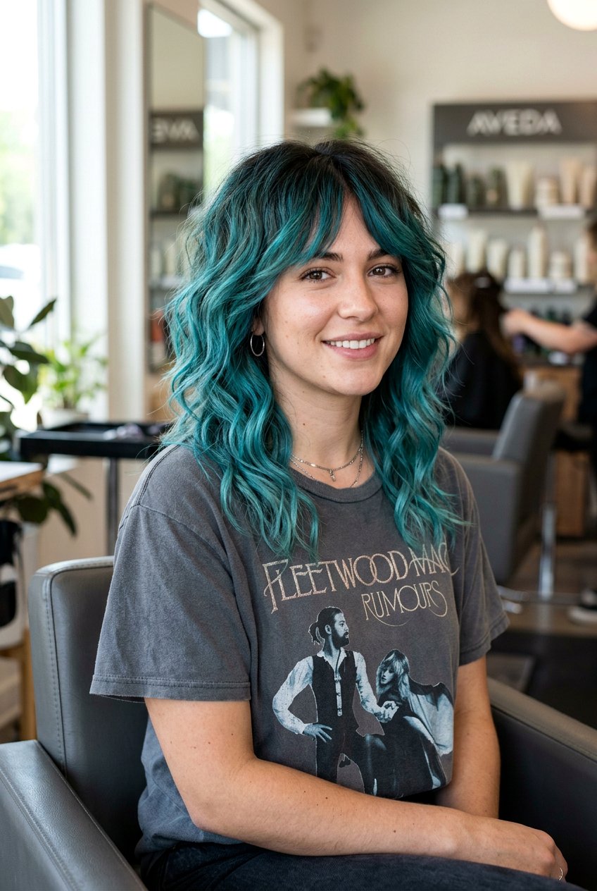 Teal Balayage On Wavy Shag - 20 teal balayage on dark hair - 20 teal balayage on dark hair