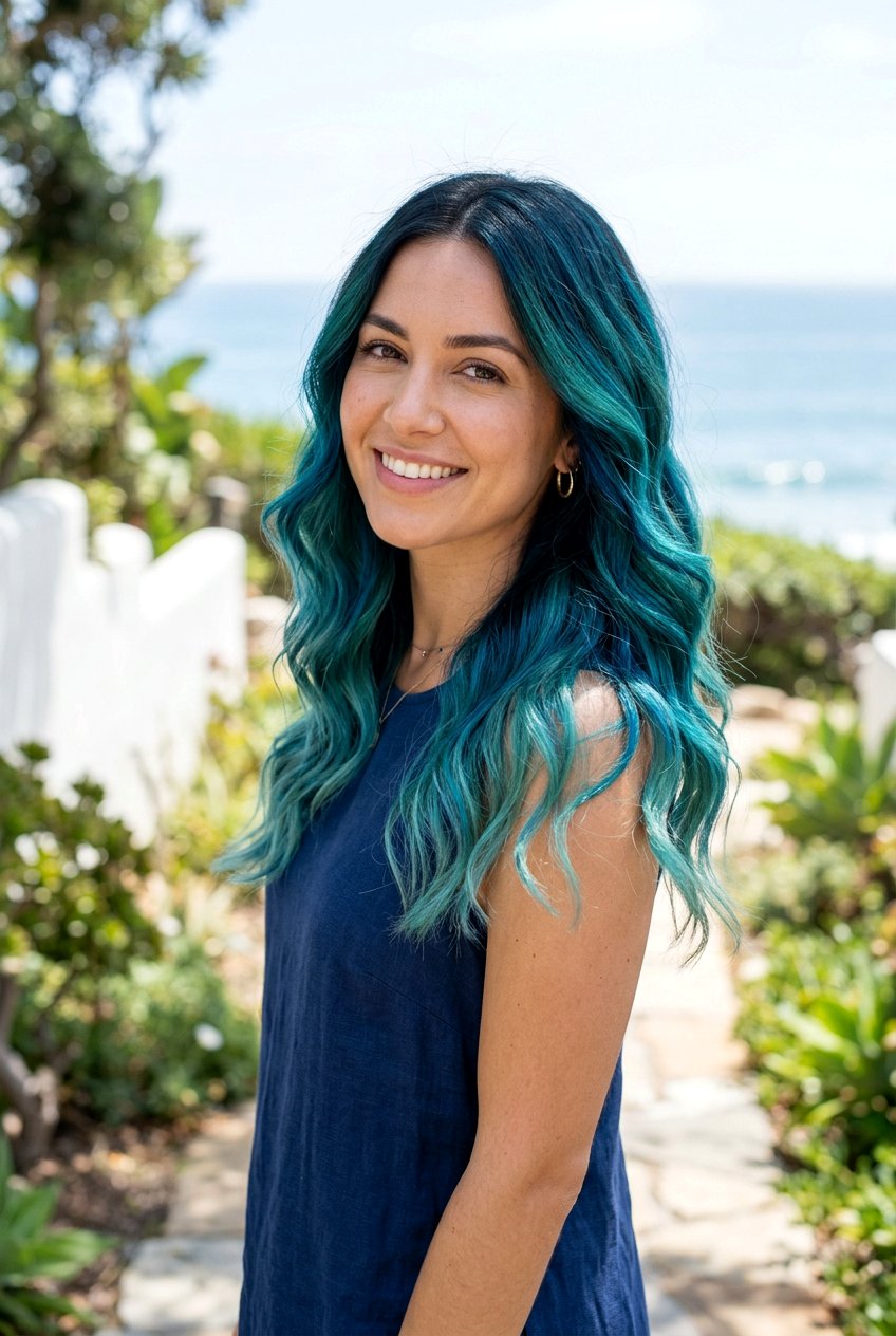 Teal Balayage With Blue Green Blend - 20 teal balayage on dark hair - 20 teal balayage on dark hair