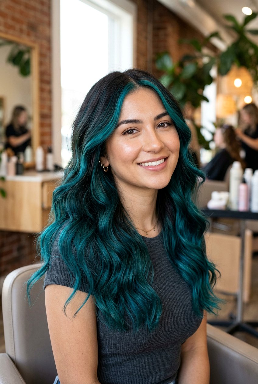 Teal Balayage With Face Framing Pieces - 20 teal balayage on dark hair - 20 teal balayage on dark hair