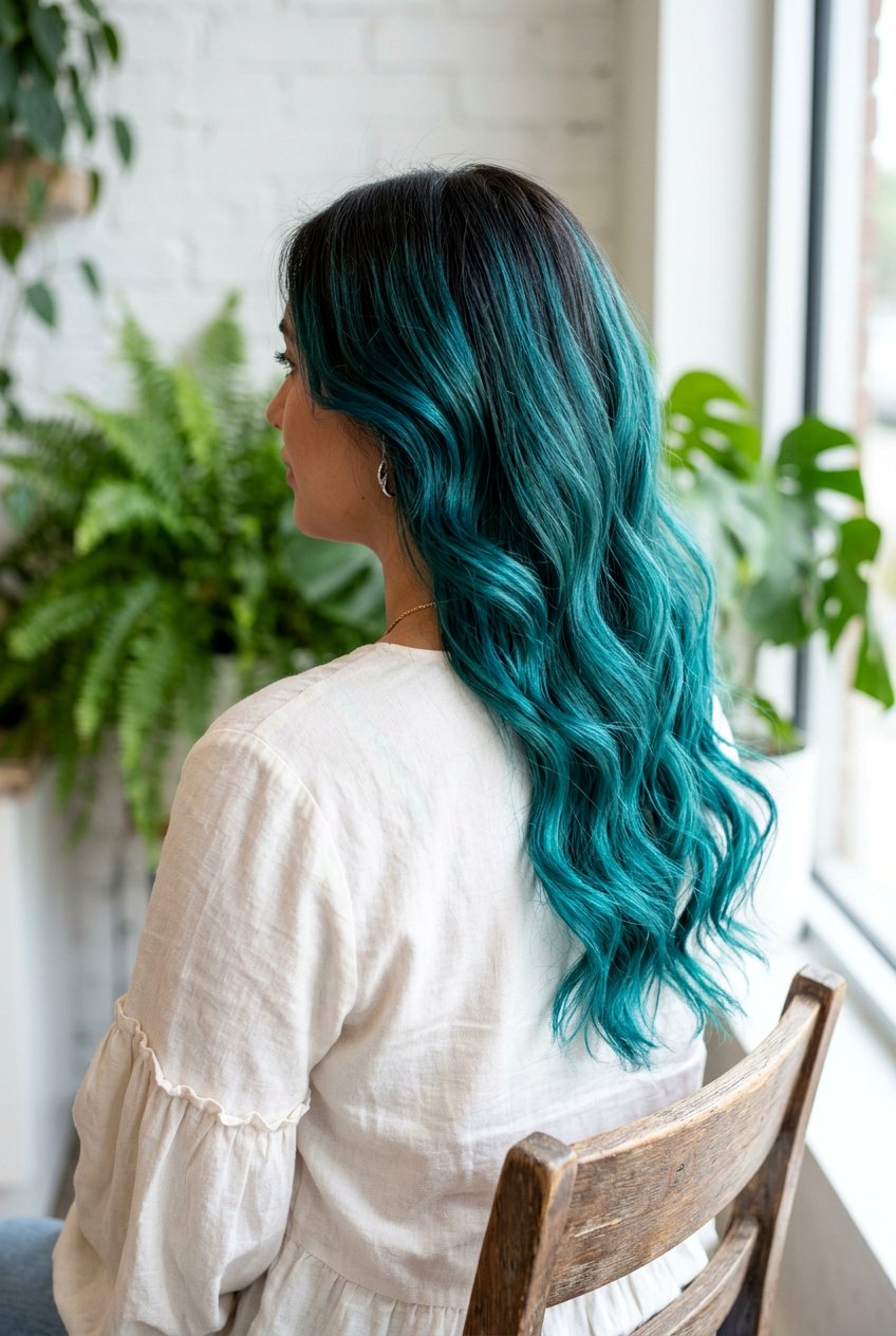 Teal Balayage With Long Waves - 20 teal balayage on dark hair - 20 teal balayage on dark hair