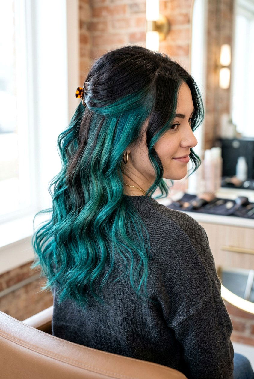 Teal Balayage With Peekaboo Highlights - 20 teal balayage on dark hair - 20 teal balayage on dark hair