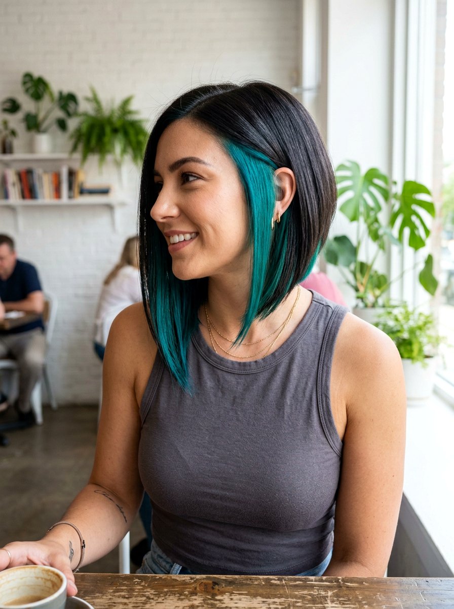 Teal Underlayer On Dark Hair Asymmetrical Bob - 20 teal underlayer on dark hair - 20 teal underlayer on dark hair