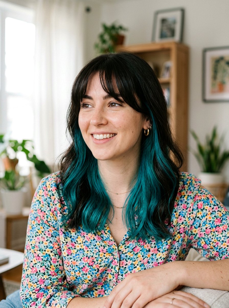 Teal Underlayer On Dark Hair Curtain Bangs Haircut - 20 teal underlayer on dark hair - 20 teal underlayer on dark hair