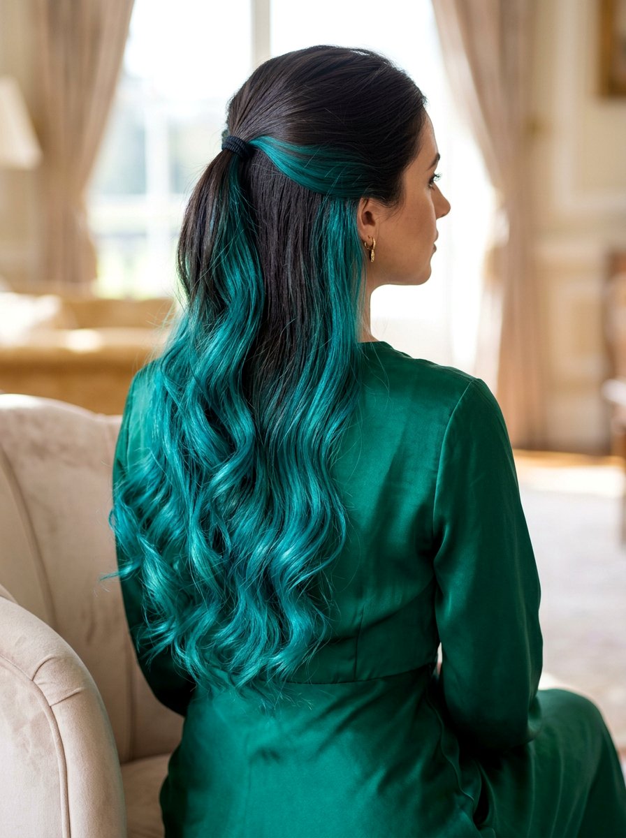 Teal Underlayer On Dark Hair Half Up Half Down Hairstyle - 20 teal underlayer on dark hair - 20 teal underlayer on dark hair