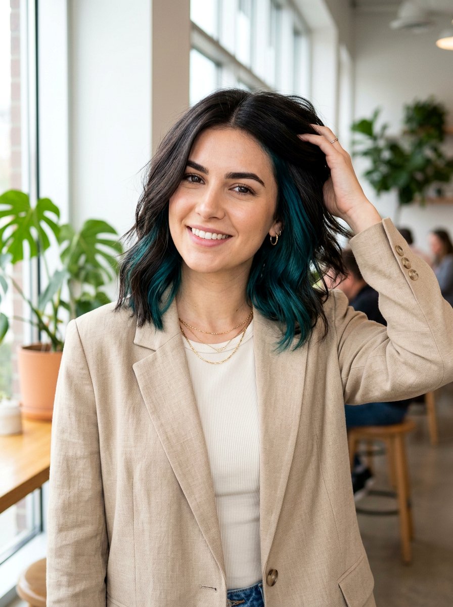 Teal Underlayer On Dark Hair Lob Haircut - 20 teal underlayer on dark hair - 20 teal underlayer on dark hair