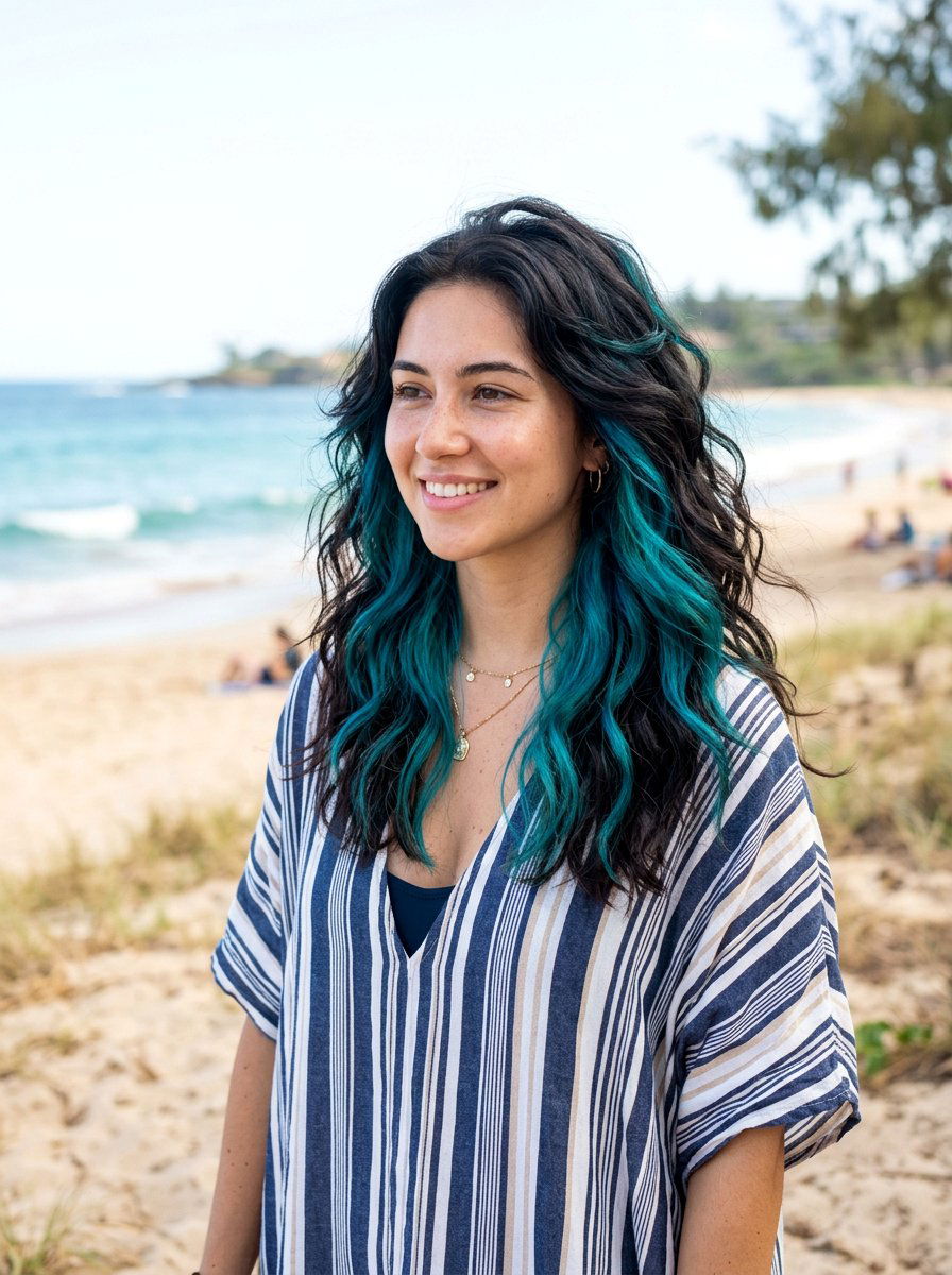 Teal Underlayer On Dark Hair Wavy Haircut - 20 teal underlayer on dark hair - 20 teal underlayer on dark hair