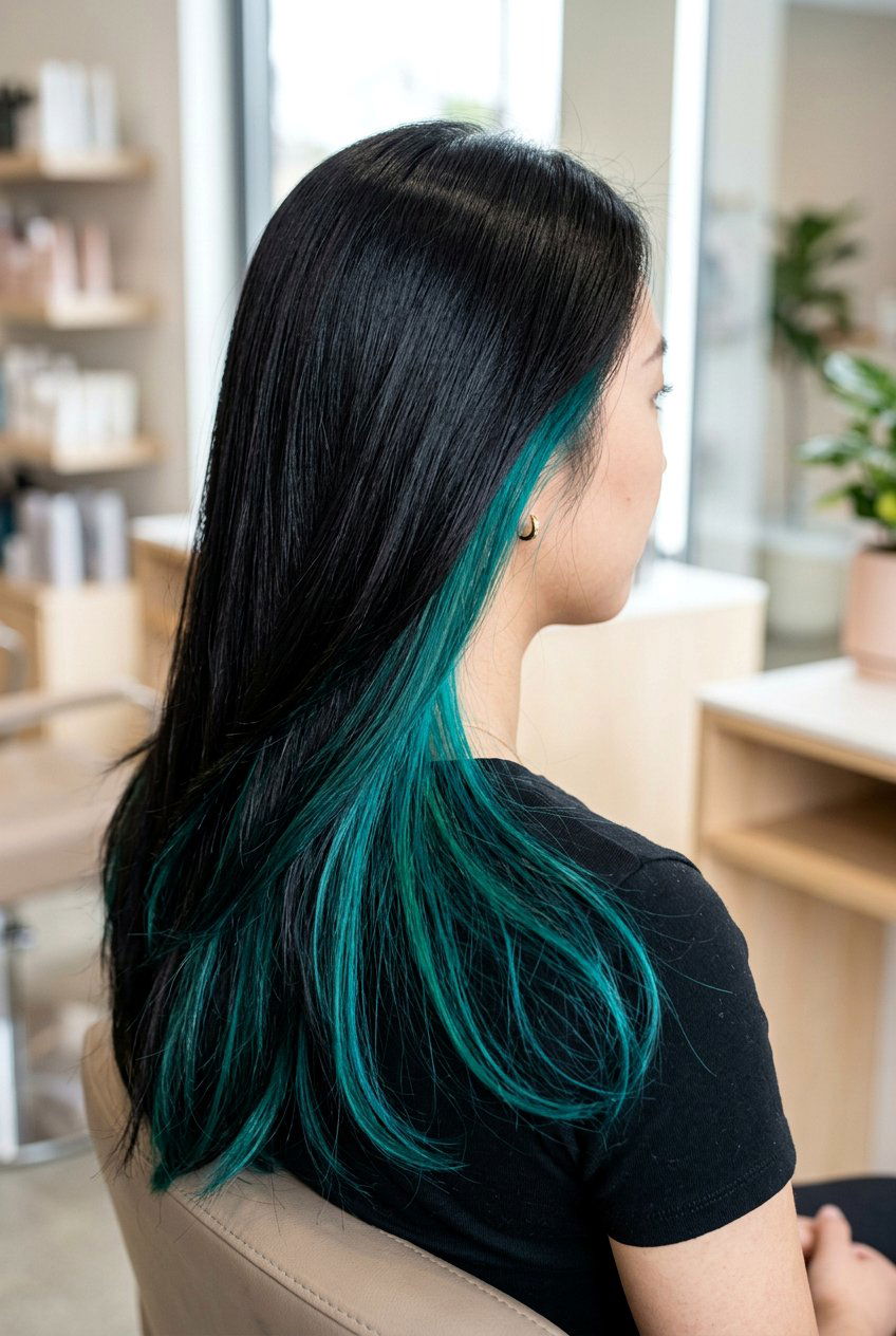 Teal peekaboo on black hair - 20 peekaboo hair color - 20 peekaboo hair color