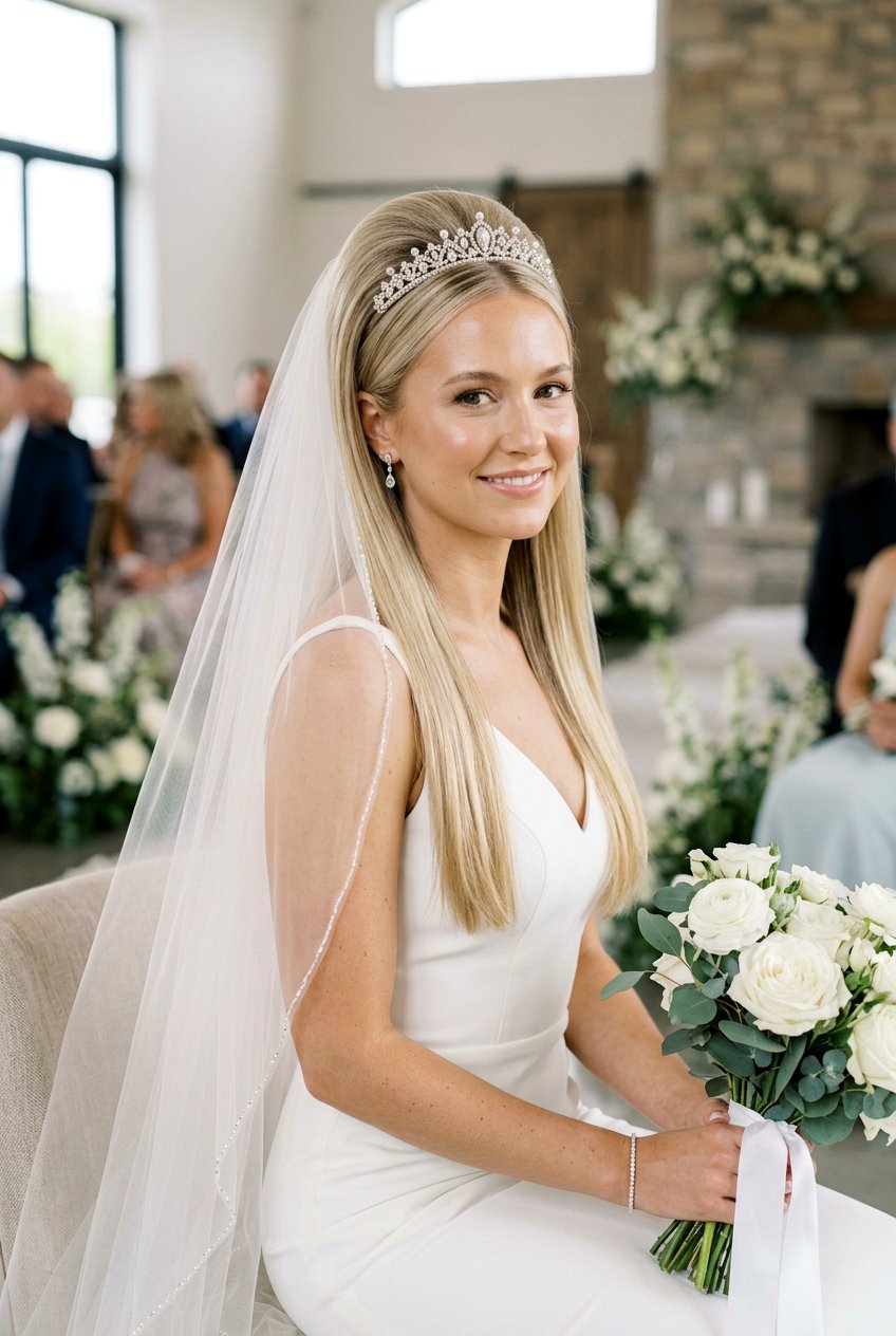 Teased Crown Straight Down - 20 bridal hairstyle for veil and tiara - 20 bridal hairstyle for veil and tiara