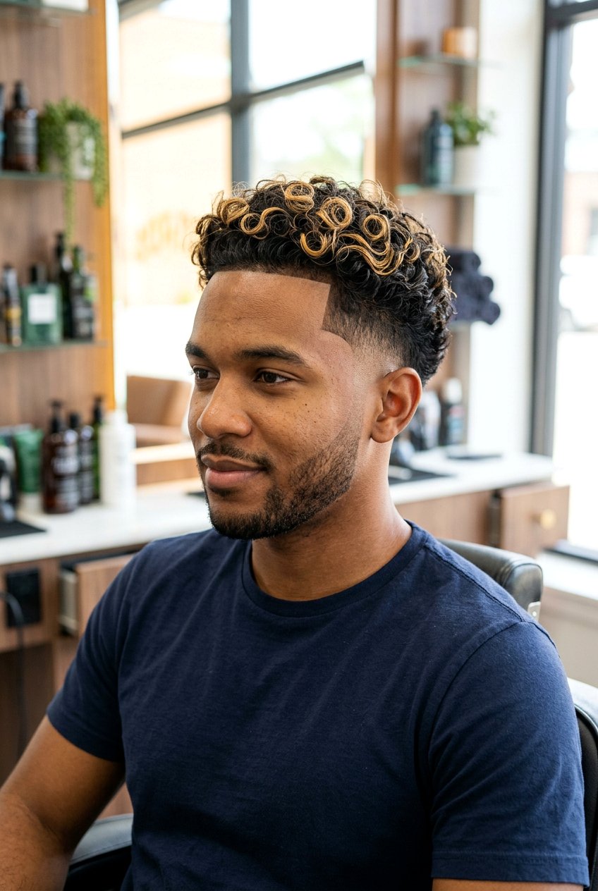 Temple Fade Curly Hair with Blonde Highlights - 20 curly taper cut with blonde highlights - 20 curly taper cut with blonde highlights