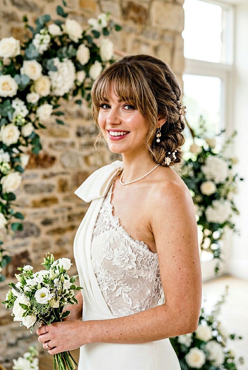 Textured Bangs With Braided Side Bun - 20 bridal hairstyle for women with bangs - 20 bridal hairstyle for women with bangs