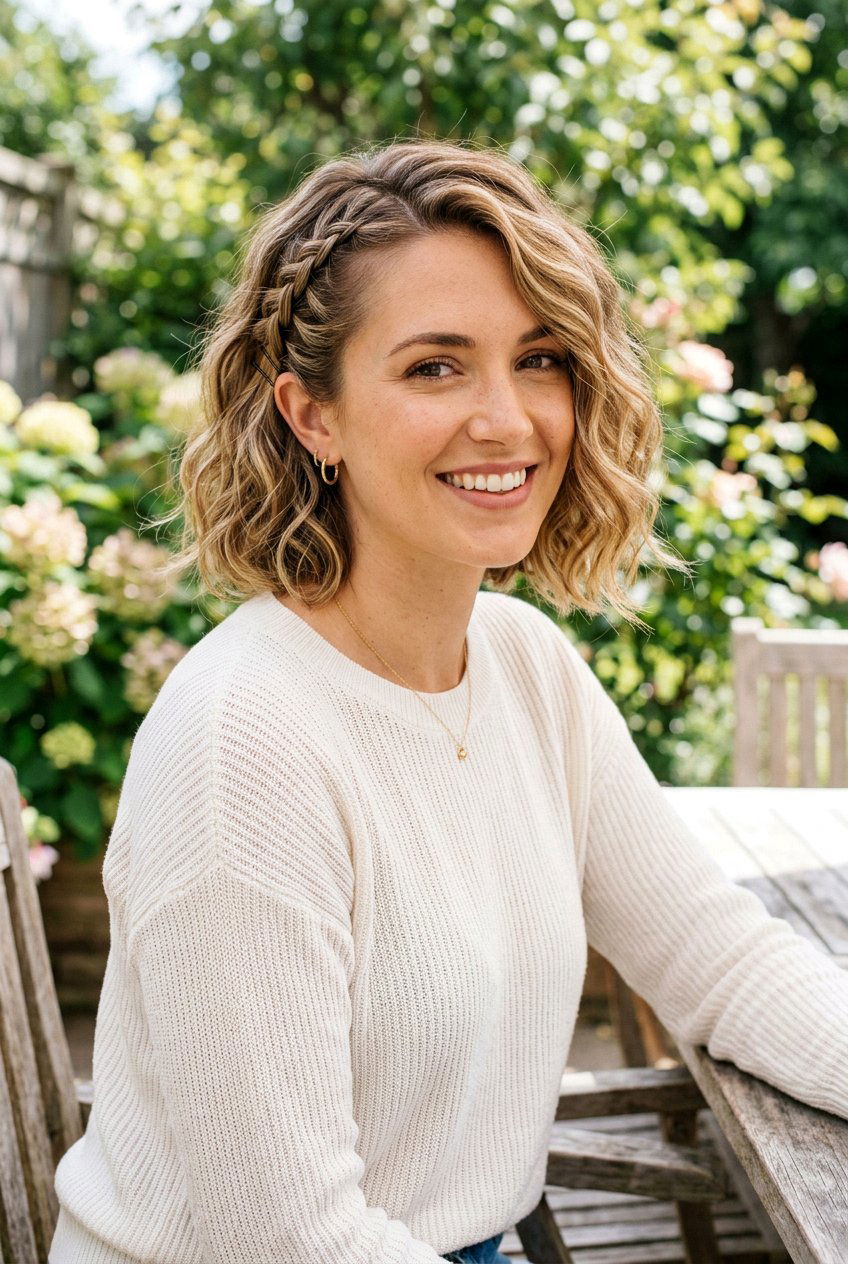 Textured Bob With Side Braid - 20 summer hairstyles for short hair - 20 summer hairstyles for short hair