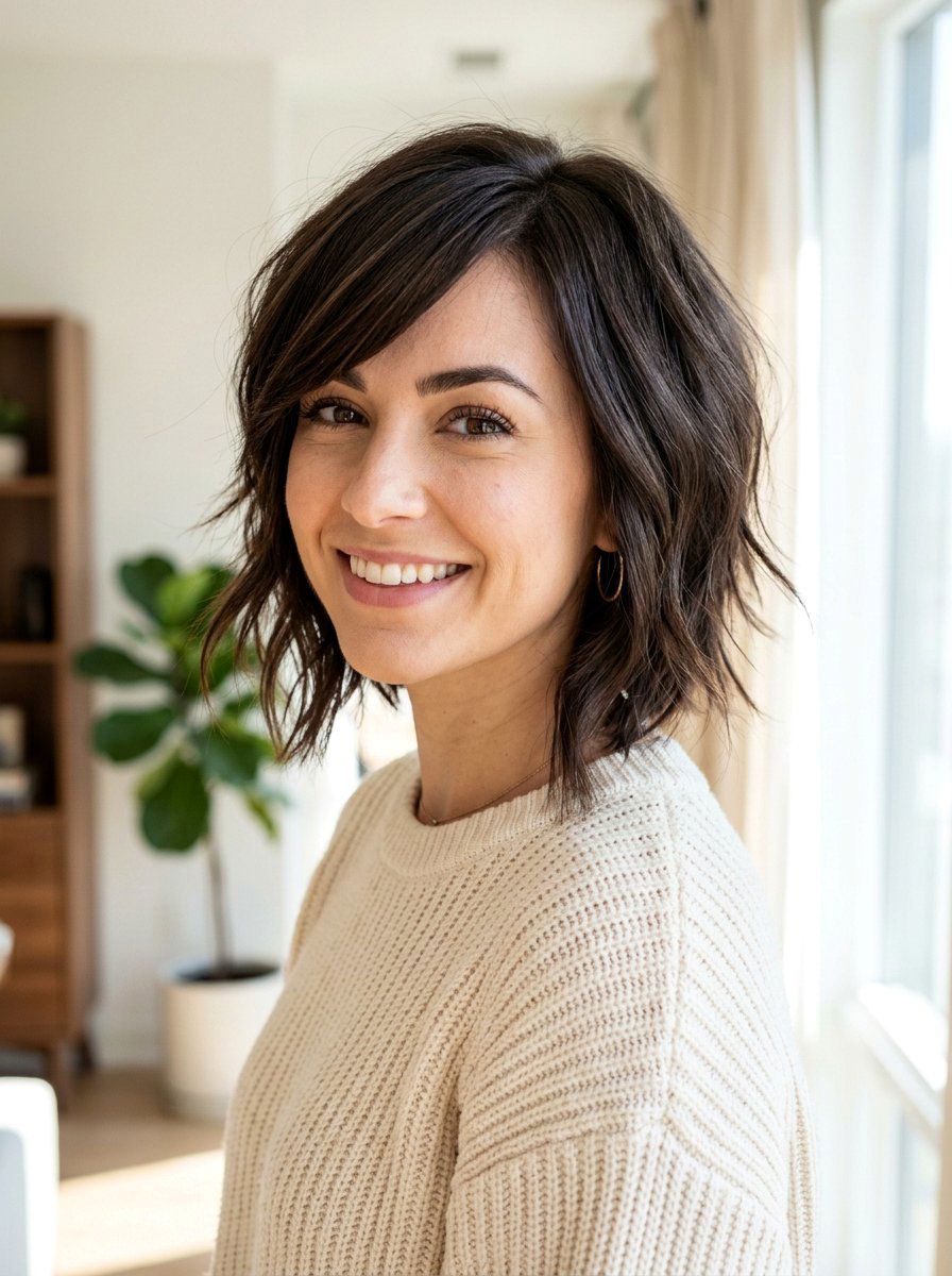 Textured Bob With Side Swept Bangs - 20 hairstyle to reduce width of face - 20 hairstyle to reduce width of face