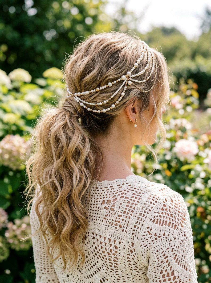 Textured Boho Pearl Ponytail - 20 party hairstyle with pearl ponytail - 20 party hairstyle with pearl ponytail