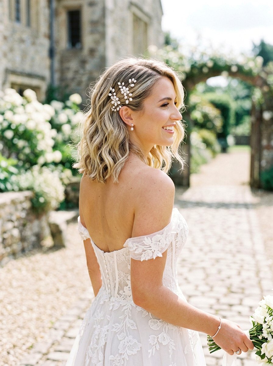 Textured Bridal Lob With Hairpins - 20 elegant bridal hairstyle for medium hair - 20 elegant bridal hairstyle for medium hair