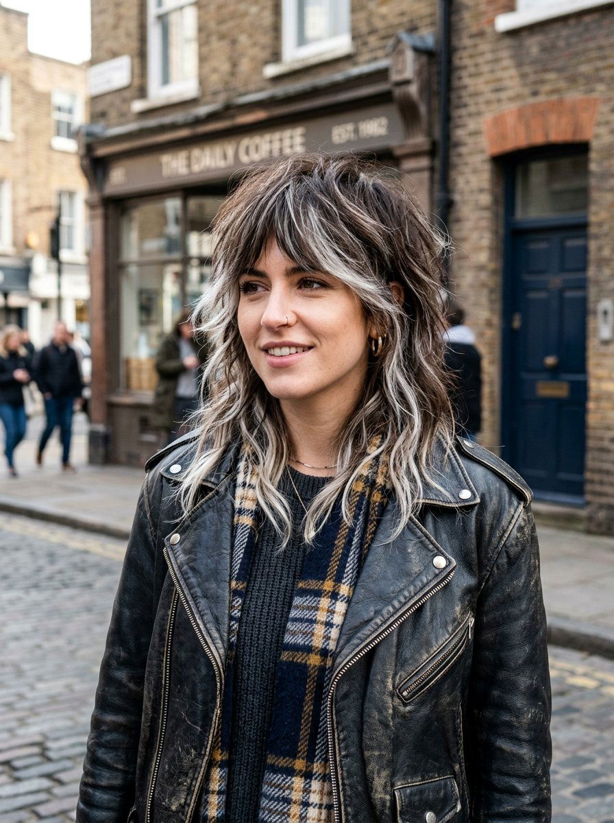 Textured Brunette Shag With Icy Highlights - 20 winter brunette with cool highlights - 20 winter brunette with cool highlights