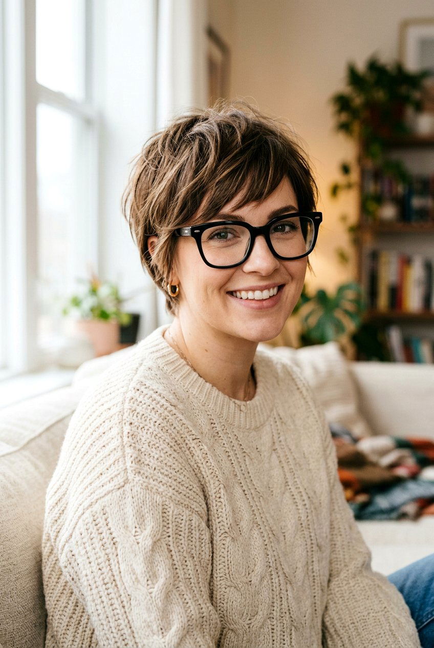 Textured Crop With Side Bangs - 20 elegant pixie for mature women with glasses - 20 elegant pixie for mature women with glasses