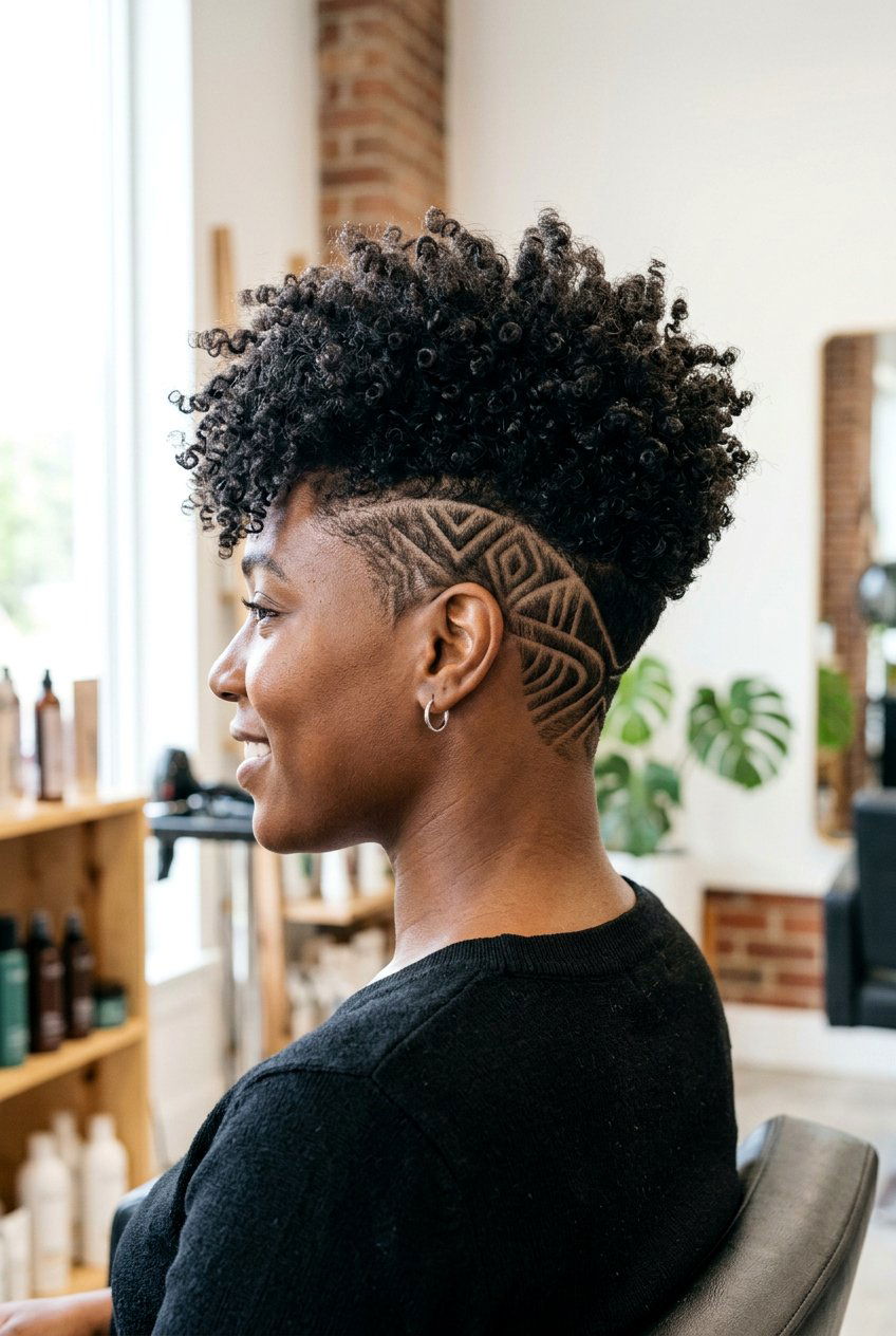 Textured Curly Undercut with Shaved Patterns - 20 undercut curls hairstyle for women - 20 undercut curls hairstyle for women
