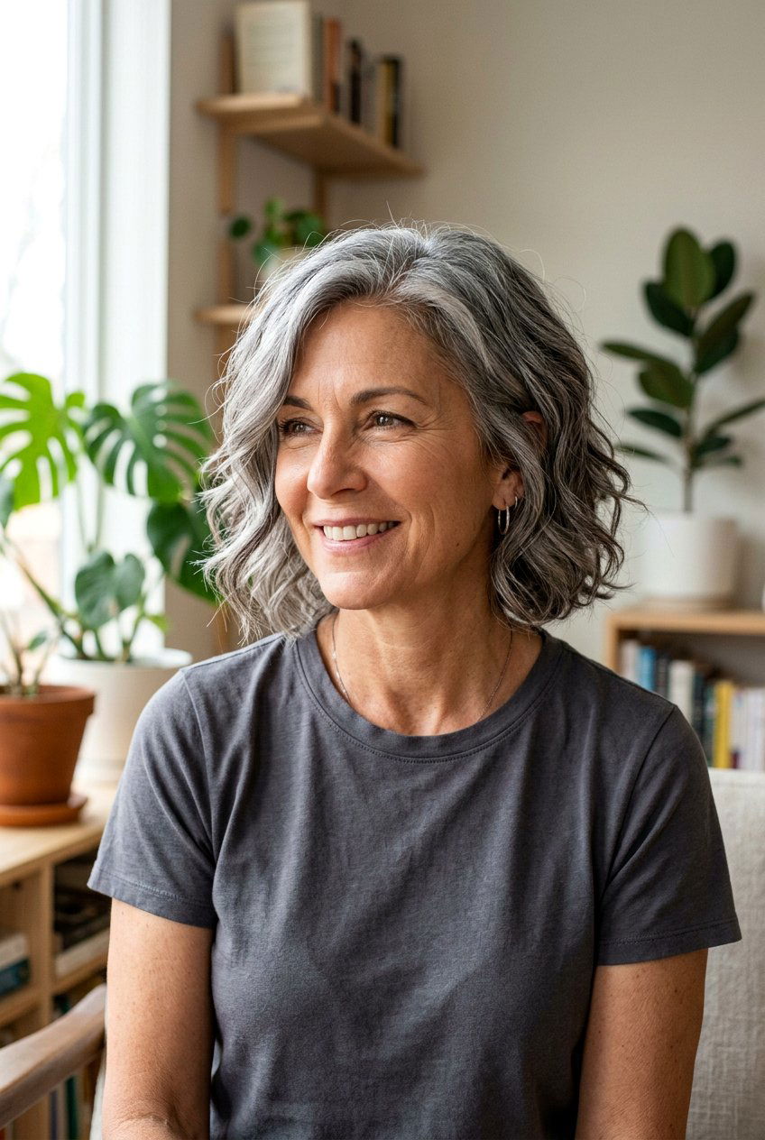 Textured Gray Bob with Soft Layers - 20 mom low maintenance gray bob