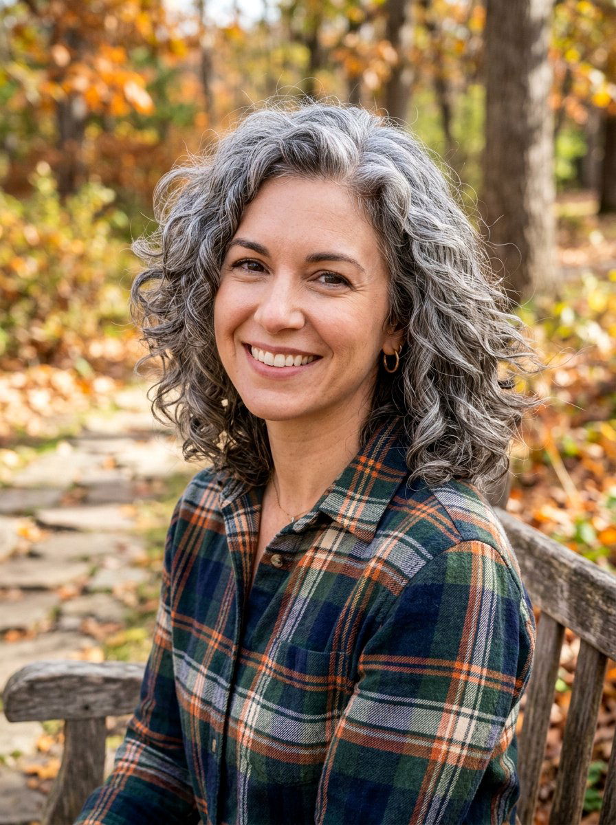 Textured Gray Curly Lob - 20 shoulder length gray curls for older women - 20 shoulder length gray curls for older women