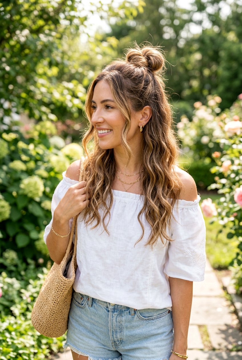 Textured Half Up Top Knot For Humid Weather - 20 anti humidity updo hairstyles - 20 anti humidity updo hairstyles