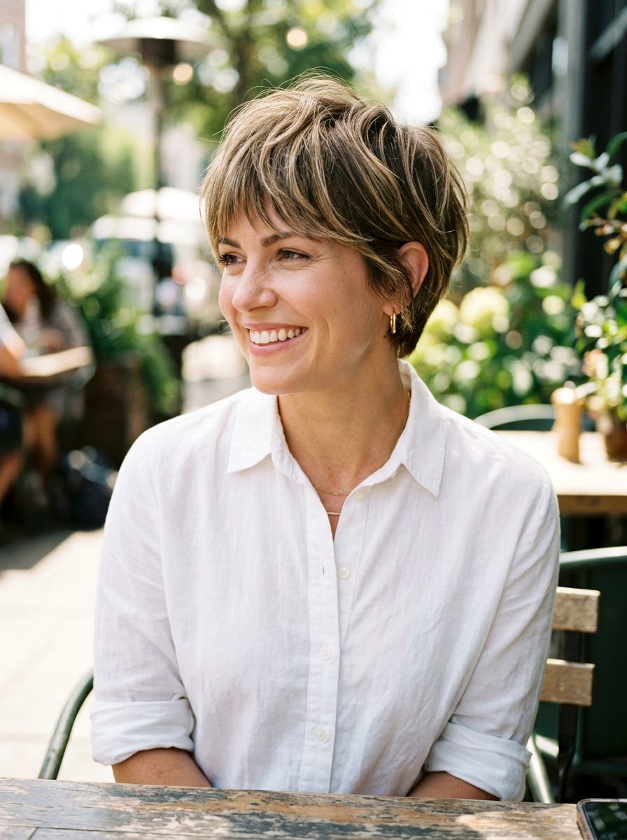 Textured Layered Bixie With Bangs - 20 layered bixie with movement - 20 layered bixie with movement