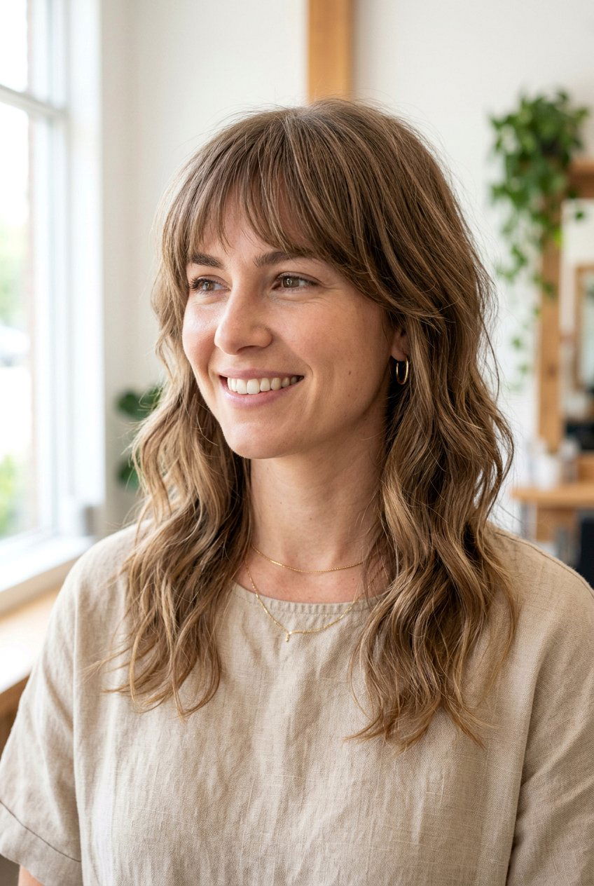 Textured Layers With Modern Bangs - 20 flattering layers for thin hair - 20 flattering layers for thin hair