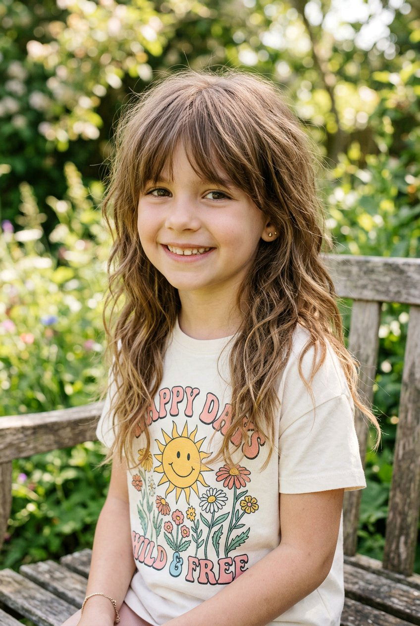 20 Cute Long Haircut for Little Girls with Curtain Bangs