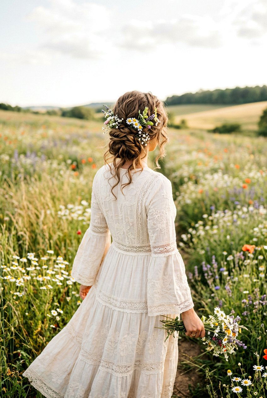 Textured Low Bun With Wildflowers - 20 wedding bun with flowers - 20 wedding bun with flowers