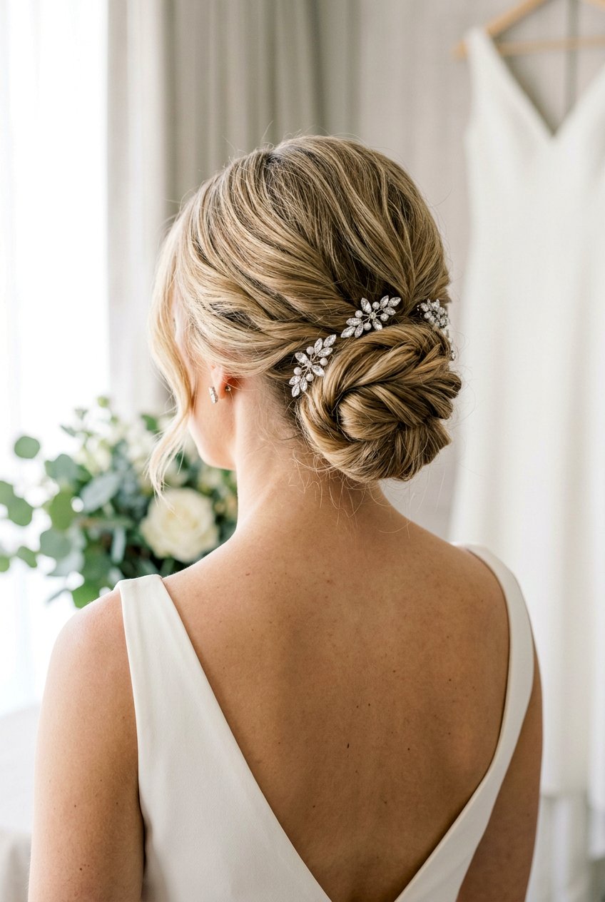 Textured Low Knot With Crystal Hairpins - 20 crystal hairpin bridal hairstyle - 20 crystal hairpin bridal hairstyle