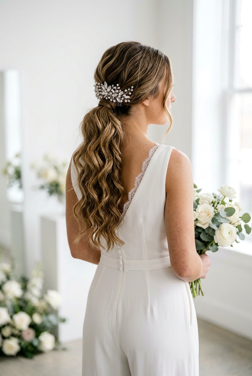 Textured Low Ponytail - 20 bridal hairstyle with crystal comb - 20 bridal hairstyle with crystal comb