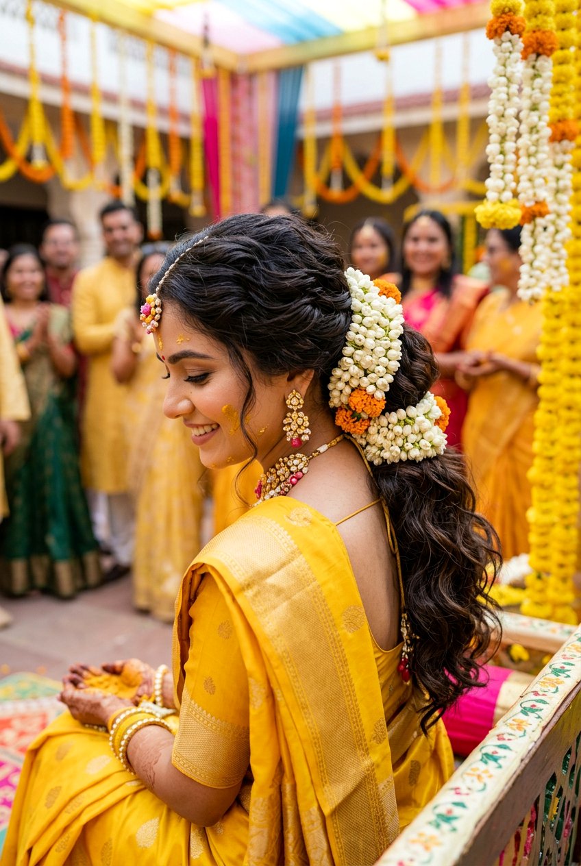 Textured Low Ponytail With Gajra Haldi Look - 20 haldi hairstyles for bride - 20 haldi hairstyles for bride